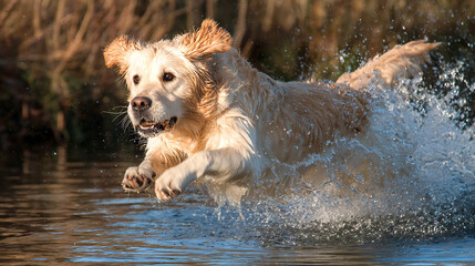 Golden retriever jumping into a lake with water splashing in a sunny park captured in real photo style