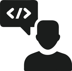 Black silhouette of a person's profile with a speech bubble containing code symbols