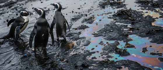 African Penguins Struggling Through Thick Oil Spill on Rocky Arctic Shoreline