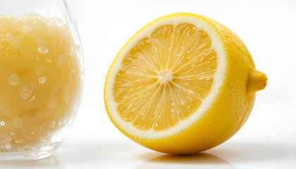 A refreshing half lemon sits beside a glass of lemon drink, suggesting a healthy beverage and citrus refreshment on a bright white background.