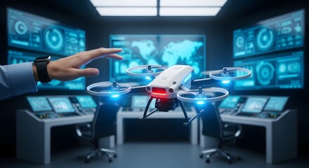 Drone technology control room with digital displays and smart watch future of surveillance concept