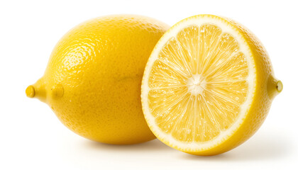 Fresh lemons, one halved, displaying vibrant yellow color and juicy texture, ideal for summer drinks, cooking, or illustrating citrus fruit.