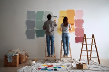 Couple painting wall with colorful samples, home renovation teamwork concept, DIY interior design project with vibrant color palette for personalizing living space