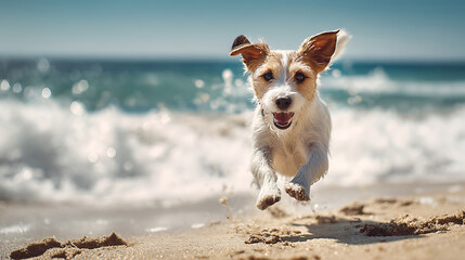 A small Jack Russell terrier jumps mid-air chasing a frisbee on a sunny beach with ocean waves and joy all around