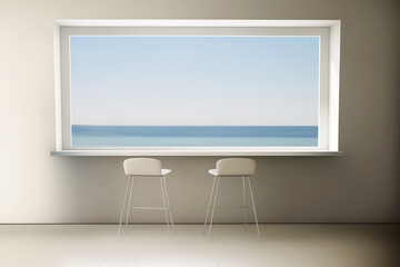 Fototapeta premium Minimalist Interior with Ocean View through Large Window and Bar Stools