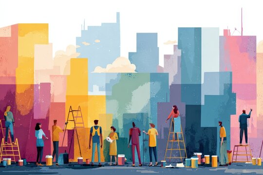 Vibrant Urban Community Mural Painting Team Transforming Cityscape with Colorful Artistic Expression and Dynamic Collaboration