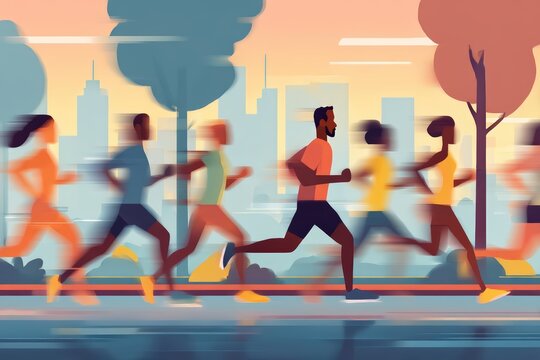 Diverse group of runners exercising in urban park at sunrise with city skyline backdrop, promoting fitness, health, and outdoor activities in vibrant community setting - Powered by Adobe