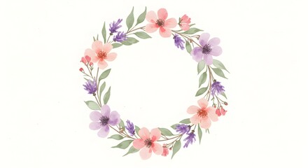 Watercolor Floral Wreath with Soft Pastel Flowers on White Textured Background