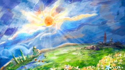 Obraz premium summer landscape with grass and sun