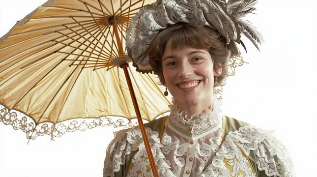 Elegant woman in historical dress holding a parasol outdoors