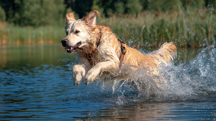 Golden retriever jumping into a lake with water splashing in a sunny park captured in real photo style