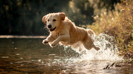 Golden retriever jumping into a lake with water splashing in a sunny park captured in real photo style