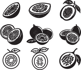 Set of Passion Fruit slices or portion icon clean simple silhouette