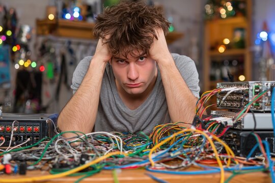 Frustrated Electronics Technician Surrounded by Tangled Wires and Circuit Boards in a Messy Workshop