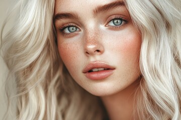 Naklejka premium Close-up portrait of a woman with blonde wavy hair and natural makeup.