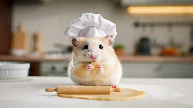 Cute hamster chef wearing a white hat holds dough, rolling pin and pastry on kitchen table. Cooking, baking, and adorable pets concept for food blogs and ads
