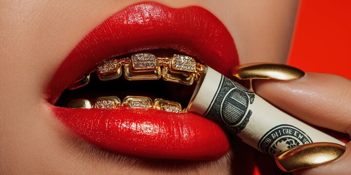 Ultra-detailed close-up of glossy red lips slightly open, revealing gold grills with diamond details on teeth, hand with long shiny gold manicure holding rolled dollar bill between lips