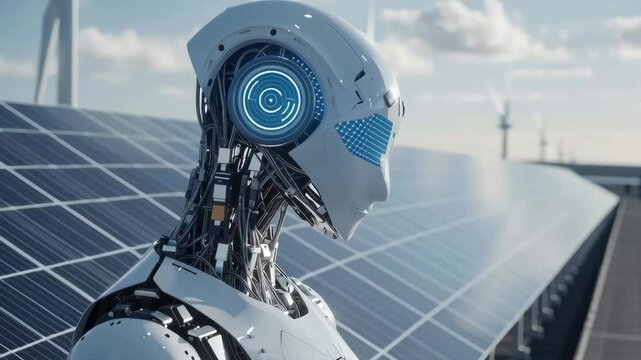 A robot stands in front of a wind turbine. The robot is white and has blue eyes. The wind turbine is tall and has a large propeller. The scene is futuristic and gives off a sense of technology