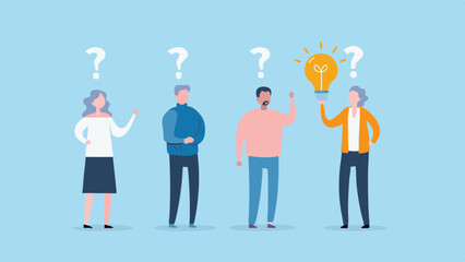 Diverse group of people with question marks above their heads one person has a bright idea