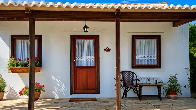 Quaint whitewashed cottage with terracotta roof, wooden porch, and lace-curtained windows