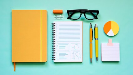 Yellow notebook pens glasses and pie chart paper clips