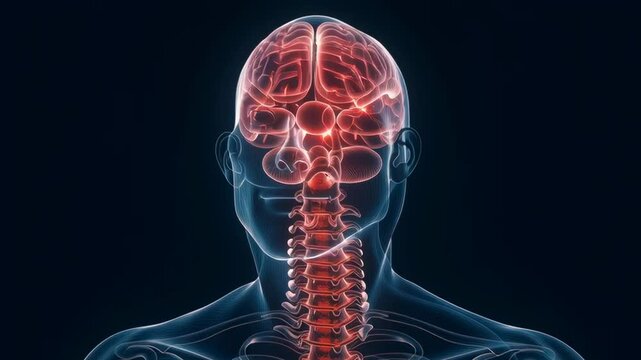 A man's brain is shown in red and blue. The brain is surrounded by a red glow, which gives the impression of a brain on fire. Concept of urgency and danger