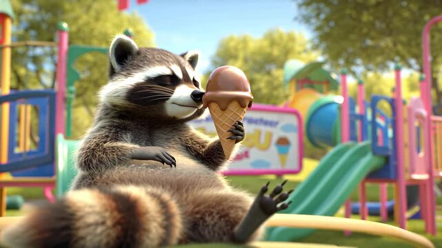 Smiling cartoon raccoon sits in a colorful playground, enjoying an ice cream cone on a sunny day, summer treat, children&rsquo;s entertainment, cheerful mascot