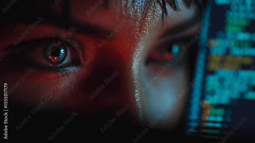 Poster focused individual analyzing code in a dark environment generative ai