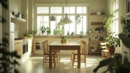 Obraz premium A bright and airy kitchen filled with greenery and sunlight.