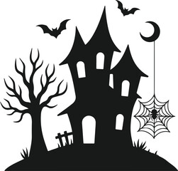 Spooky halloween haunted house silhouette with bats spider web and crescent moon