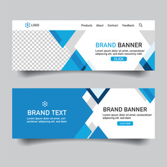 Modern abstract banner templates with geometric blue shapes and placeholders for logo and text, ideal for website headers.