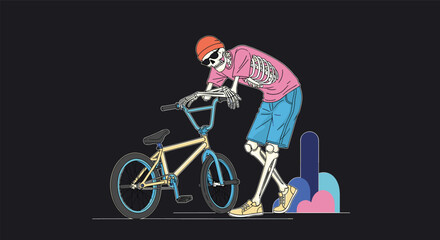 Fototapeta premium Skeleton Figure Riding a BMX Bicycle Through a Pixelated Cityscape at Dusk with Geometric Shapes
