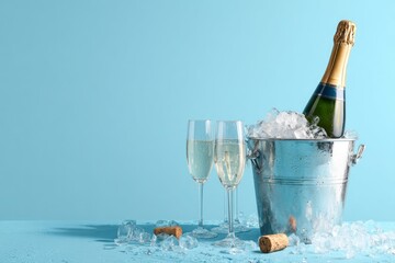 Champagne bottle in ice bucket with two full flutes  corks on blue surface