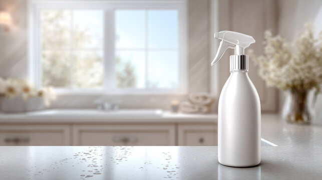 Minimalist white spray bottle on clean bathroom counter, ad space. - Powered by Adobe