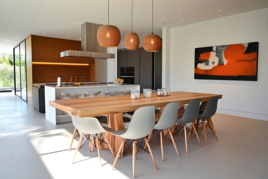 Artful modern dining area with complementary hues, light wood, and clean modern chairs