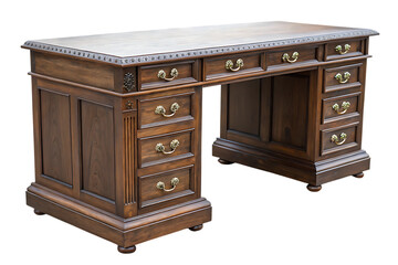 Traditional Wooden Pedestal Desk with Multiple Drawers and Brass Handles