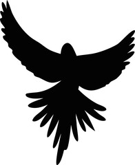 Black flying parrot icon vector, tropical bird in flight for nature, zoo, or wildlife design elements.
