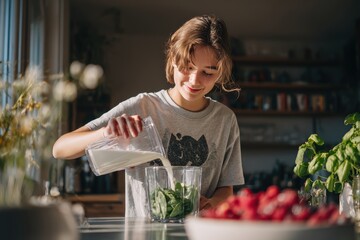 Healthy Lifestyle: Smiling Young Woman Preparing Fresh Green Smoothie in a Sunlit Kitchen with Natural Ingredients