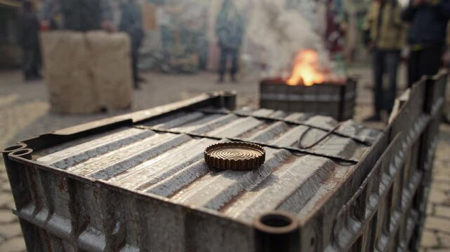 Tear gas grenade spinning near burning barricade, dense smoke rising, violent urban protest escalating with mounting street tension