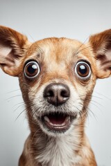 Close-up Portrait of an Adorable Small Dog with Big Eyes and Surprised Expression on a Gray Background