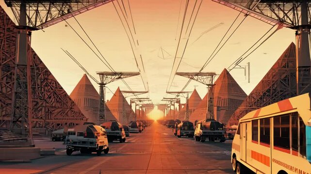 Futuristic cityscape with surreal architecture and flying structures at sunset