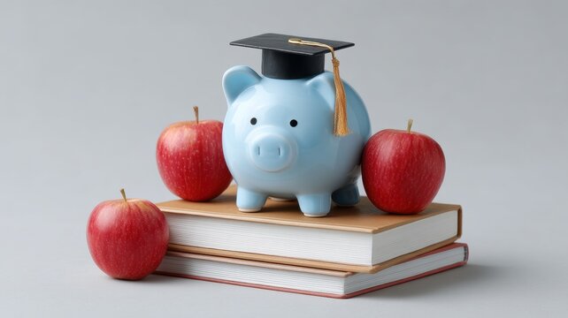 Personal finance development. Piggy bank with graduation cap on books and apples symbolizes education savings and financial planning.