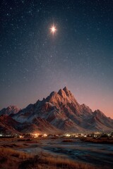 Starlit Mountain Landscape with Glowing Night Sky and Majestic Peaks Illuminated by a Bright Star Under a Starry Night in Serenity and Tranquility