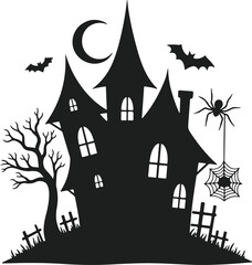 Spooky halloween haunted house silhouette with bats moon spider and cobwebs