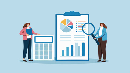 Two women analyze financial charts and data using a calculator and magnifying glass