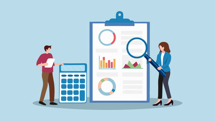 Business professionals analyzing financial reports and charts with calculator and magnifying glass