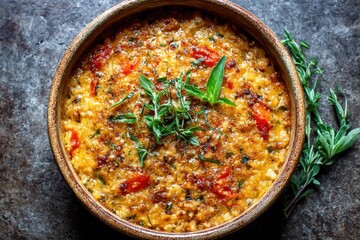 Rustic Oven-Baked Italian Risotto with Cherry Tomatoes and Fresh Herbs in Ceramic Bowl