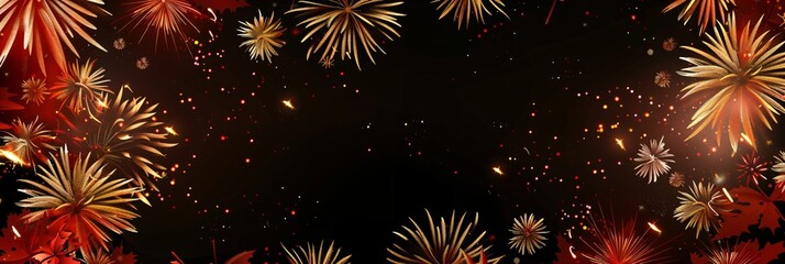 Golden fireworks and scattered red maple leaves on black background. Celebrate Autumn, Thanksgiving, or Christmas with copy space.