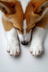 Adorable Corgi Puppy Sleeping Peacefully on White Background with Paws Tucked Under for Cute Pet Lovers and Canine Enthusiasts Enjoying Heartwarming Dog Photography