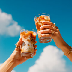 Stylish hands holding iced coffee glasses against summer sky.